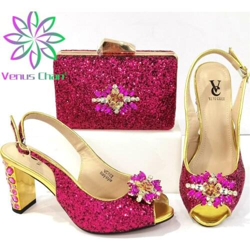 Fashion In Roes Red Color Italian Design Fullness of Crystal Mixin Metal Style Women Shoes and BagS 2021 African Set for Party