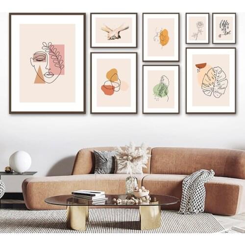 Girl Line Hand Monstera Rose Color Block Wall Art Canvas Painting Nordic Posters And Prints Wall Pictures For Living Room Decor