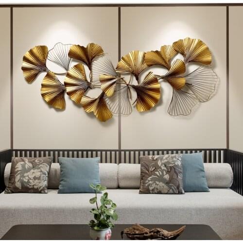 New Chinese Wrought Iron Luxury Wall Hanging Ginkgo Wall Craft Decoration Livingroom Sofa Background Mural Porch Mural Ornament