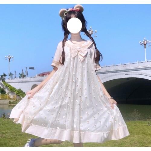 OLOMLB Kawaii Style Bow Short-Sleeve Dress Soft Sweet Loose Waist Clothing Summer All-Match Cute Japanese Sailor Collar Dress