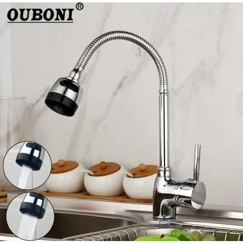 OUBONI Modern Swivel Kitchen Faucet Chrome Polish Mixer Tap Rotated Stream Stainless Steel Tap Kitchen Mixer Tap Faucet