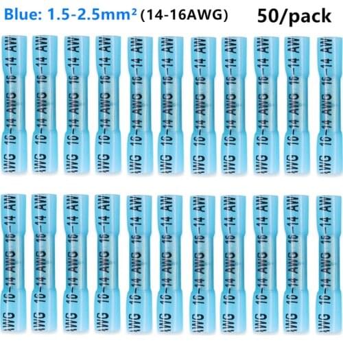 100/50PCS Seal Heat Shrink Butt Crimp Terminals Blue Waterproof Fully Insulated 14-16 AWG Electrical Wire Connectors Kit