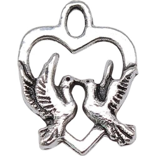 WYSIWYG 20pcs 18x14mm Love Birds Charms Antique Silver Color For Jewelry Making Love Birds Heart Charms Birds Heart Charms