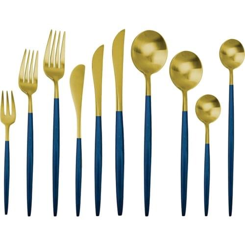 1pcs Matte Blue and gold Dinnerware 18/10 Stainless Steel Flatware Knife Fork Spoon Cutlery Tableware Silverware set