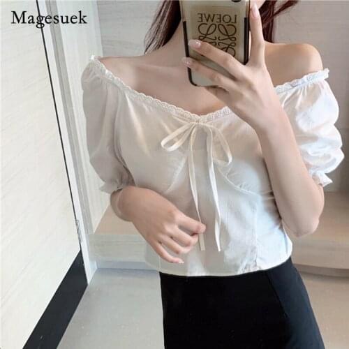 2021 Sweet Korea Summer Women Shirt Solid V-neck Bow Puff Sleeve Blouse Women French Off Shoulder Short Sleeve Shirt Blusa 14717