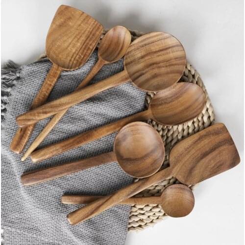 7PCS/Set Natural Wood Spoon Long Rice Soup Skimmer Cooking Scoop Spoons Home Tableware Set