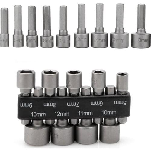 9pcs 5-13mm Power Nut Driver Drill Bit 1/4" Hex Shank Metric Socket Wrench Screw