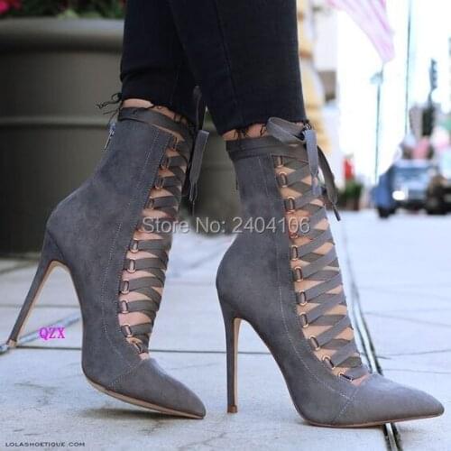 Army Green Black Grey Pink Womens Shoes Faux Suede Cross-tied Strappy High Heels Pointed Toe Lace Up Ankle Boots Sexy Stilettos