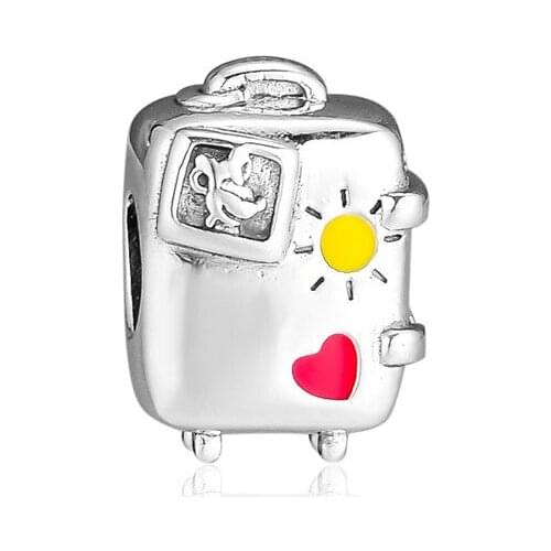 Spring Garden Mouse Vacay Mode Suitcase Charm Fits Beaded Snake Chain Bracelets Sterling Silver Jewelry Fashion Female DIY Beads