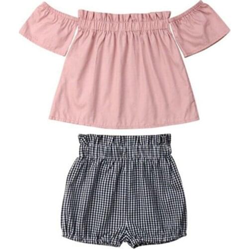 Infant Newborn Baby Girl Off Shoulder Cotton Top Plaid Shorts 2Pcs Clothes Outfittoddler Toddler Girl Clothes Short Sleeve 1-6T