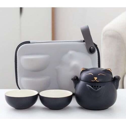 LUWU Ceramic Teapot with 2 Cups Cute Cat Portable Travel Tea Sets