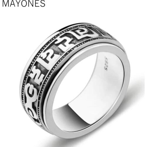 Punk Jewelry For Men 925 Sterling Silver Spinner Ring Vintage Six Words Mantra Mens Signet Rings