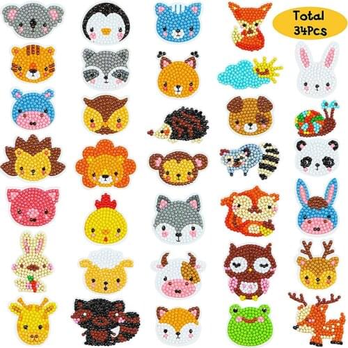 34Pcs 5D DIY Animals Diamond Painting Kits Stickers for Kids Handmade Digital Arts Craft by Numbers Kits for Adult Beginners