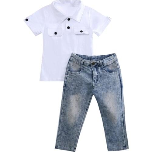 Summer New Cute Infant Baby Boy Kids Outfits Clothes Short Sleeve T Shirt Long Denim Pants Trousers 2PCS Outfit Set