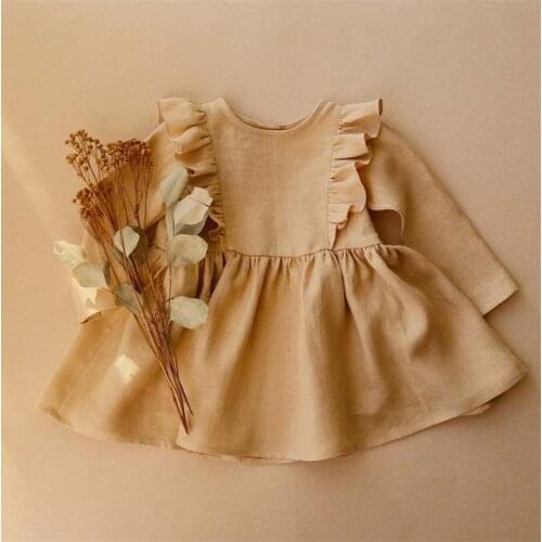 New Childrens Cotton And Linen Dress Autumn Long-Sleeved Baby Girl Ruffled Vest A-Line Dresses WT316