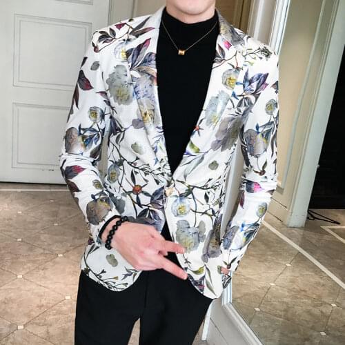 Flower Print Suit Jacket for Men Wedding Business Blazer Slim Fit Masculine High Quality Casual Street Wear Social Male Clothing