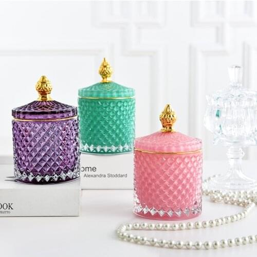 French Luxury Multicolor Glass Storage Jar with Lid Retro Aroma Candle Jar Simple Home Cotton Swab Jewelry Storage Box Home Deco