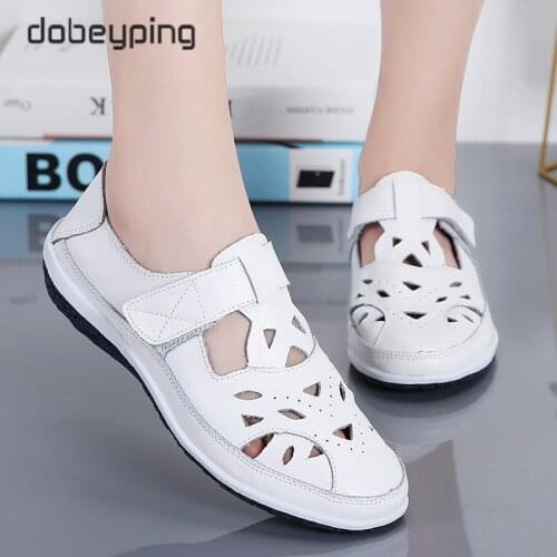 Breathable Hollow Summer Woman Sandals Genuine Leather Women Beach Shoes Cut-Outs Female Flats New Casual Womens Loafers 2020