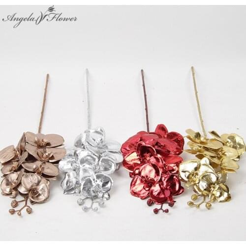 Spray Gold Silver Colorful Artificial Flower Orchid Silk Phalaenopsis Wedding Fake Flower Wall Materials Home Desktop Decoration