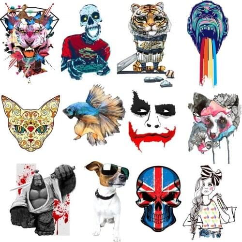 Skull Tiger Dog Wolf Anime Heat Transfer Patch Sticker Iron On Transfer for Clothes Washable A-level Thermal Patches Wholesale