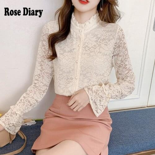 RoseDiary Lace Blouse Shirt Women Summer V Neck Long Flare Sleeve Lace Crochet Hollow Out Casual Blouse Ladies Tops