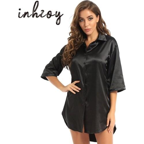 Women Soft Satin Loose Loungedress Sleepshirt 3/4 Long Sleeve Boyfriend Style Turndown Collar Button Shirts Nightgown Sleepwear