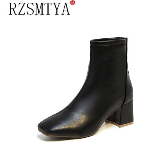 2021 Womens Boots Fashion Square Heel Zipper Design Female Shoes Handmade Elegant Size Solid Black Woman Boot