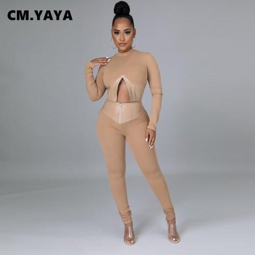 CM.YAYA Women PU Patchwork Two 2 Piece Set Outfits Elegant INS Long SleeveTops and Legging Pants Matching Set Vintage Tracksuit