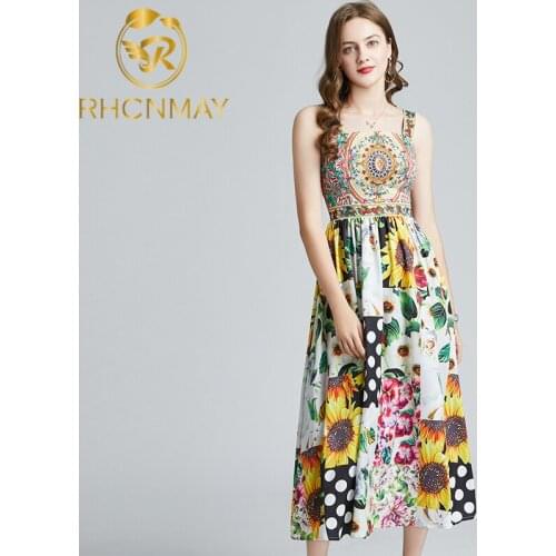 2021 New Fashion Runway Womens Holiday Dress Spring Summer Flower Print Chiffon Sexy Spaghetti Strap Dot Midi Sundress