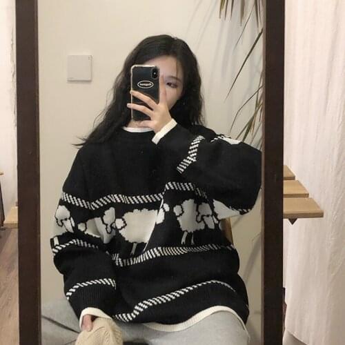Japanese cute sheep knitted cartoon long sleeve kawaii Ulzzang women sweater Korean Harajuku casual fashion sweater