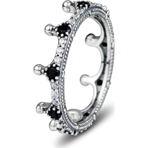 Enchanted Crown Ring 925 Sterling Silver Clear CZ & Black Crystals Wedding Rings for Women Silver 925 Jewelry anillos mujer