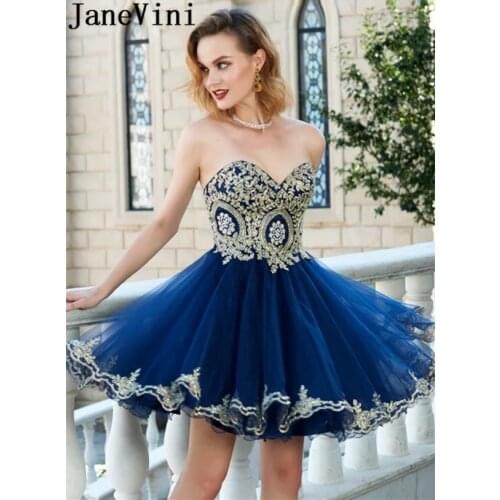 JaneVini Gold Lace Appliques Short Cocktail Dresses Sexy Navy Blue Vestido Coctel Tulle A-Line Sweetheart Sleeveless Night Gown