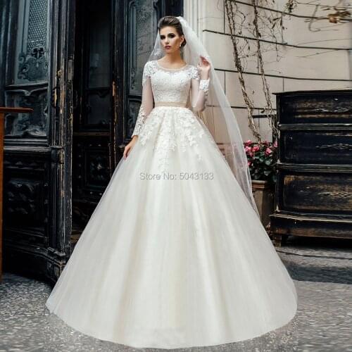 2021 Elegant Tulle A Line Wedding Dresses with Belt Lace Appliques Scoop Neckline Long Sleeves Floor length Wedding Bride Dress