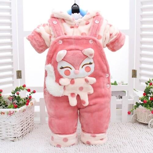 Autumn Winter Cartoon Thicken Long Sleeve+Suspender Trousers 0-2 Years Baby Infant Boy And Girl 2 Pieces Childrens Clothes