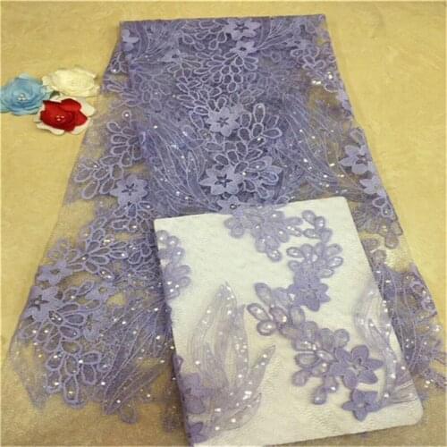 African Lace Fabric 2019 High Quality Lace, Pearls Embroidery Tulle Lace Fabric, African Lace sequins 5 Yards Purple Pink