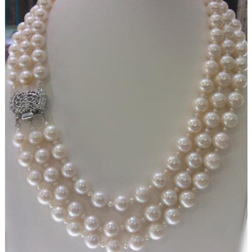Fashion jewelry Free Shipping wholesale 3 rows natural AA 9-10mm white round freshwater pearl and nice clasp necklace