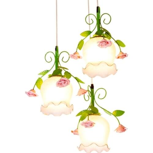 Country Rustic Dining Room Pendant Lamp Pink Ceramic Rose Green Metal Leaf White Glass Bar Counter Hallway Corridor Pendant Lamp