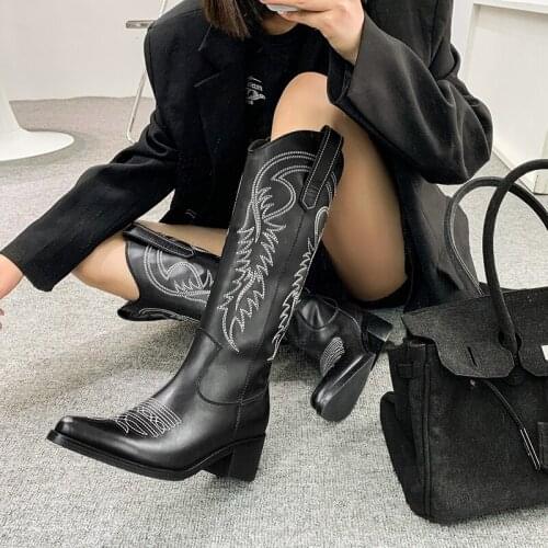 Classic Design Genuine Leather Shoes Woman Heels 2021 Fashion Thick Heels Boots Boots Party Working Knee High Boots