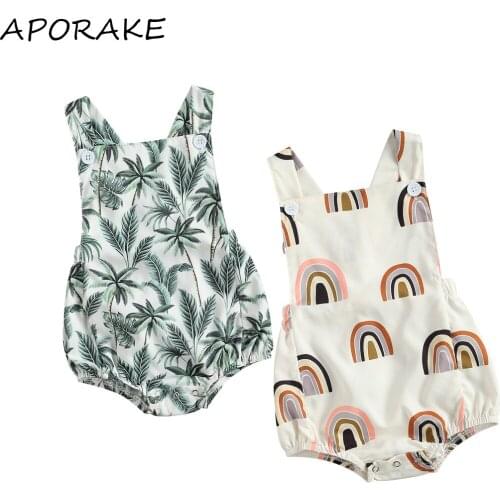 2021 0-24M Newbonr Infant Girl Cute Romper Sleeveless Square Neck Rainbow/Trees Leaf Print Jumpsuit for Baby
