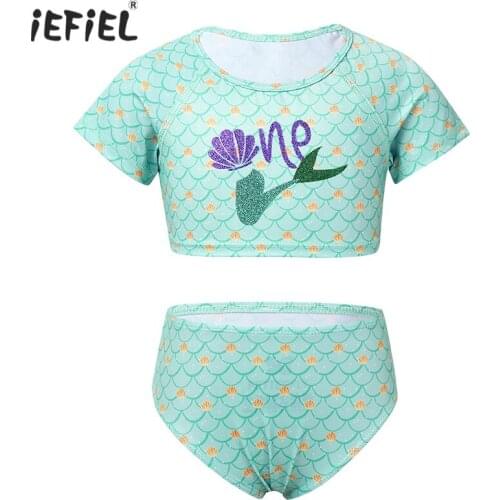 Kids Girls Tankini Bathing Suit Set Glittery One Mermaid Tail Printed Swimsuit Swimwear Tops with Bottoms Quick Dry Beach Wear