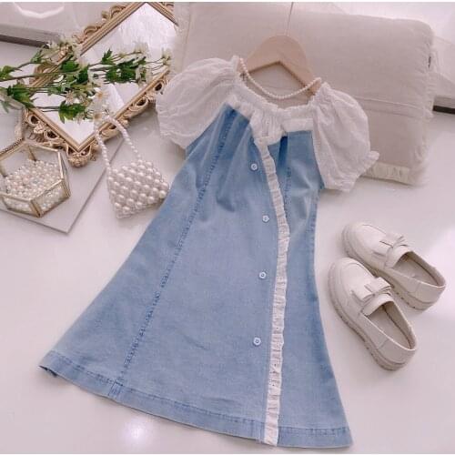 2021 Summer Girls Dress ChildrenS Clothing Korean Lady Style Stitching Hollow Lace Puff Sleeve Denim Mid-Length Dresses 4-13Y