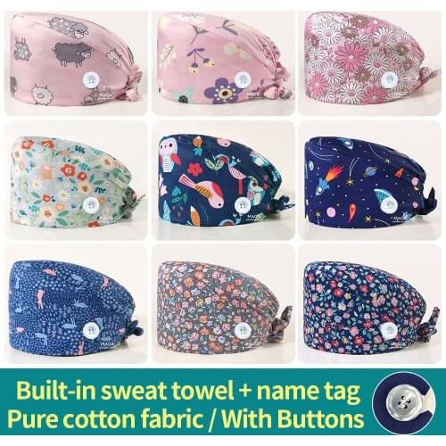Hospital Cartoon Animal Print Scrubs Caps Surgical nurse Work Scrubs Hat Tieback Cap Cotton Beauty Hats for Women Men Adjustable