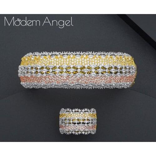 ModemAngel Luxury Ginkgo Leaf Nigeria Bangle Ring Set Jewelry Set For Women Wedding Cubic Zircon Crystal CZ Dubai Bridal Jewelry