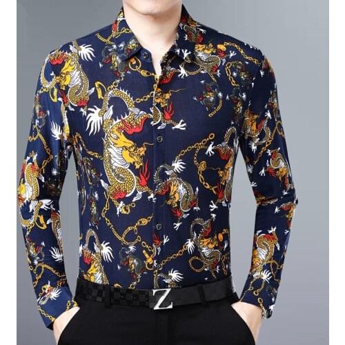 Mens Long-sleeved Shirt Elderly People Printed Loose Dragon Pattern Shirt Spring and Autumn Printed Cardigan Tide