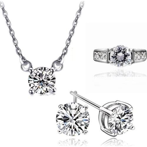 Wedding Fine Jewelry Sets Real Pure silver plated 6 Claw Cubic Zircon CZ Pendant Necklaces Earring Rings Engagement Set