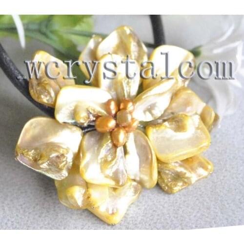 Charming Real Cultured Freshwater Pearl One Gold Shell Flower Necklace Leather