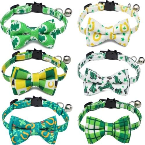 St Patricks Bowtie Cat Collar Breakaway with Bell Cute Pets Gift for Puppy and Adjustable Plaid Pattern Kitten Collars for Cats