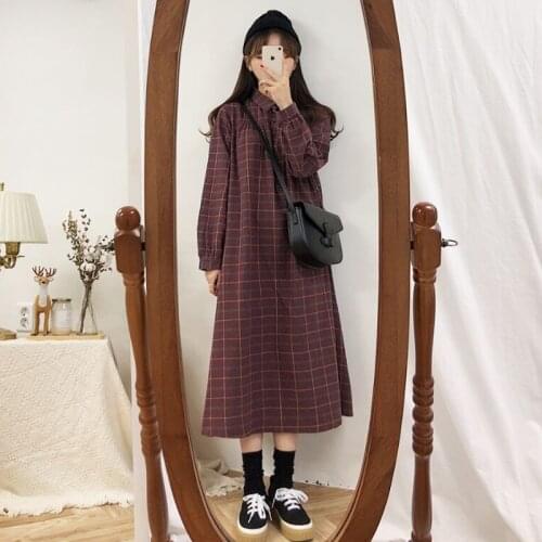 Long Sleeve Dress for Women Plaid Vintage Korean Style Ulzzang Simple School Loose All-match Casual Fashion Daily Women Dress