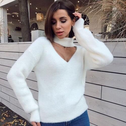 COKAGO Fluffy Women Sweaters Pullovers V Neck White Sweater Oversized Jumpers For Womens Clothes 2021 Spring Fashion
