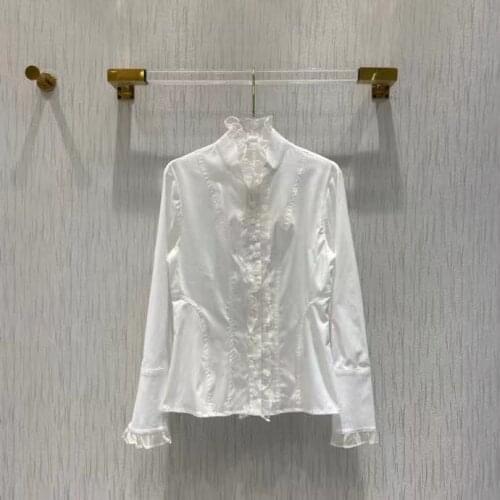 New Women Shirts 2021 Autumn Winter Sexy Stand Collar Long Flare Sleeve Party Tops Single Breasted Shirt Casual White Blusas